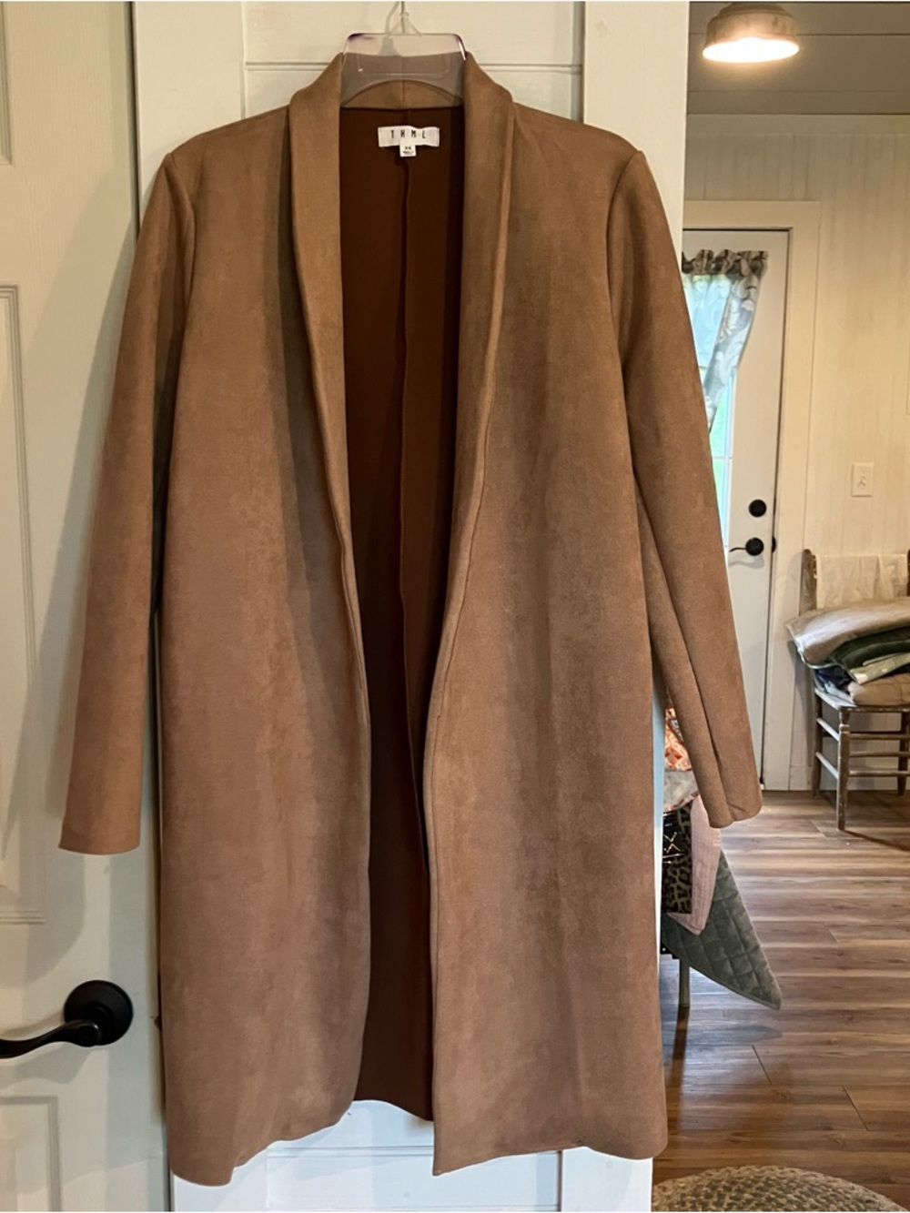 THML Tan Open-Front Suede Trench Coat